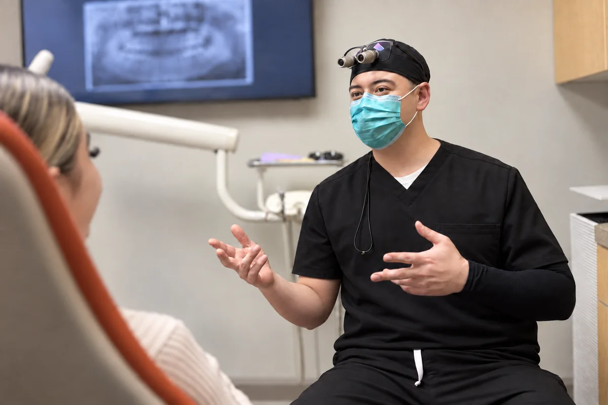 Dr. Smith discussing dental care with a patient during a consultation.